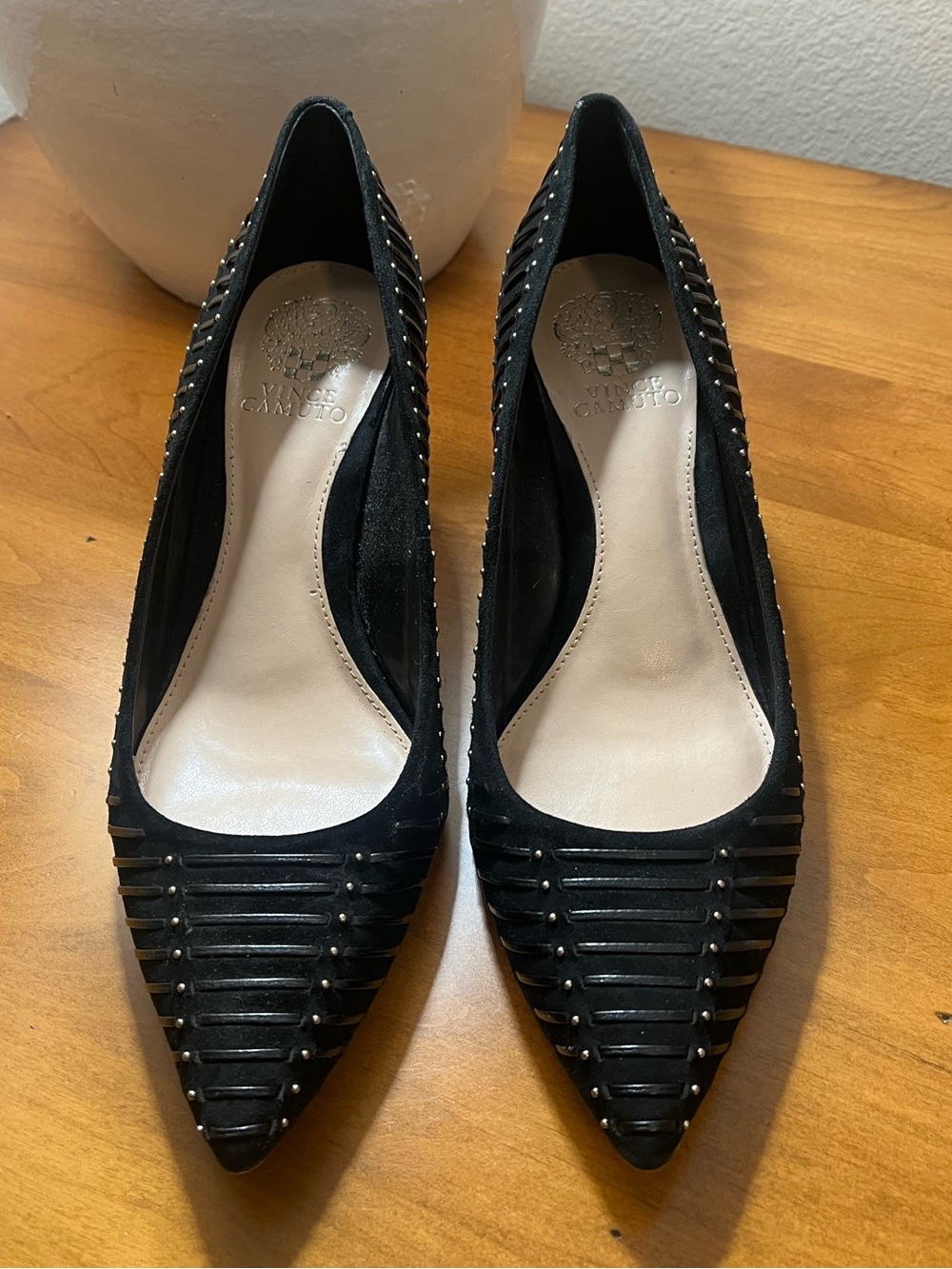 Vince Camuto Black Suede Studded Pointed-Toe 2” Heels Contemporary Edgy Chic - Picture 2 of 8